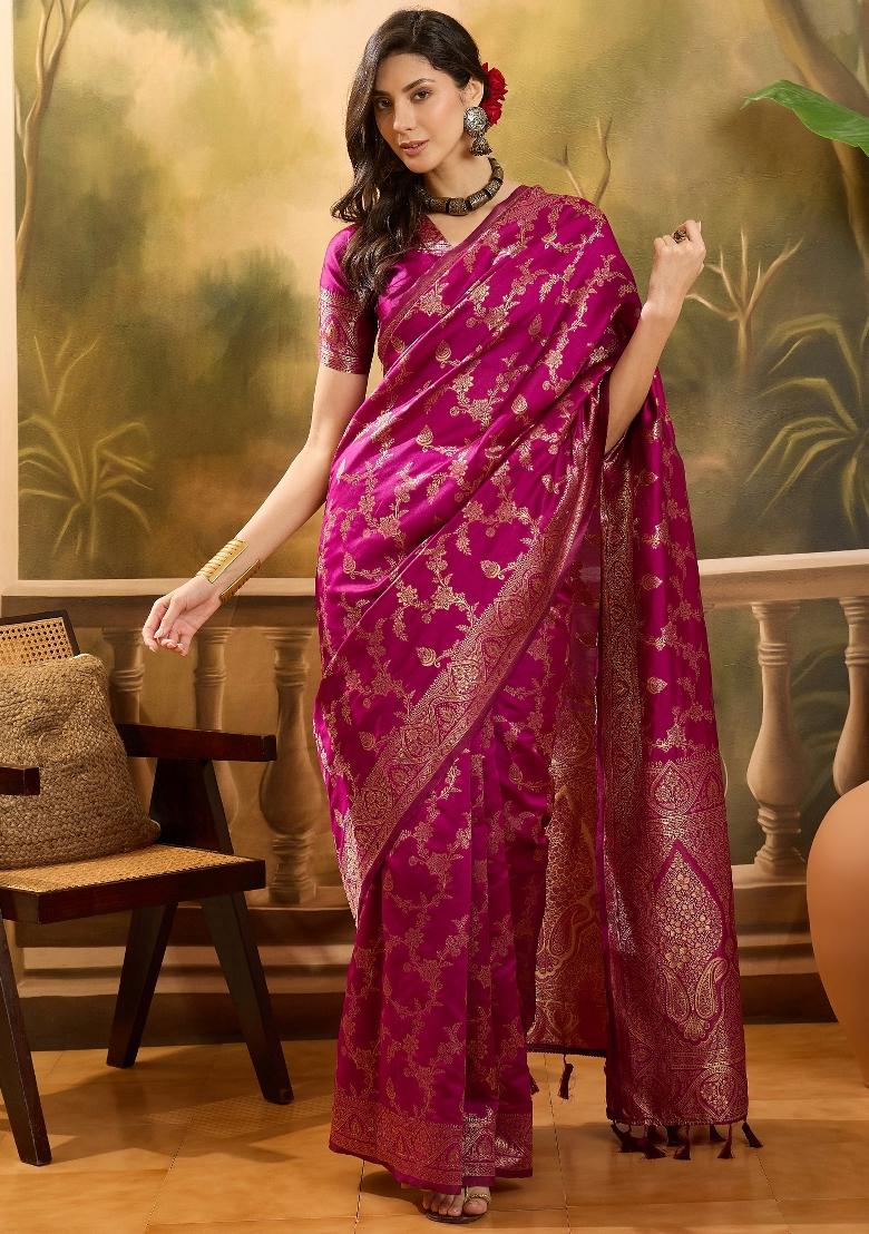 Magenta Applique Banarasi Saree Set - Indya