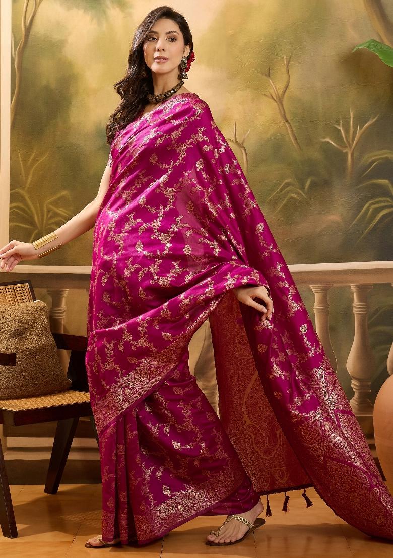 Magenta Applique Banarasi Saree Set - Indya