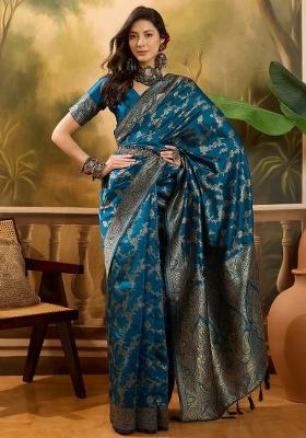 Teal Blue Applique Banarasi Saree Set