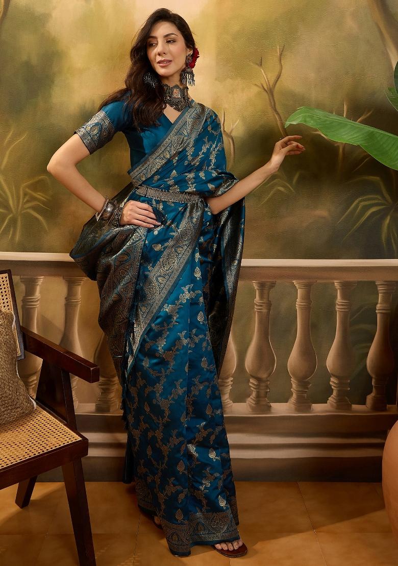 Teal Blue Applique Banarasi Saree Set - Indya