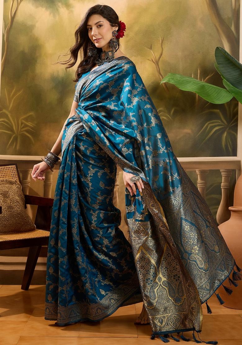 Teal Blue Applique Banarasi Saree Set - Indya