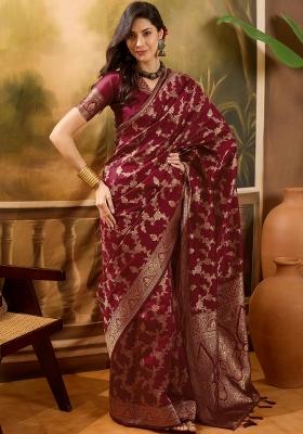 Maroon Applique Banarasi Saree Set