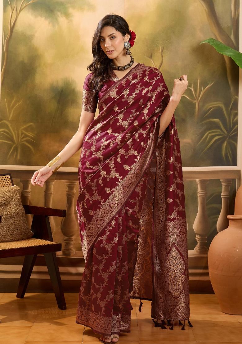Maroon Applique Banarasi Saree Set - Indya