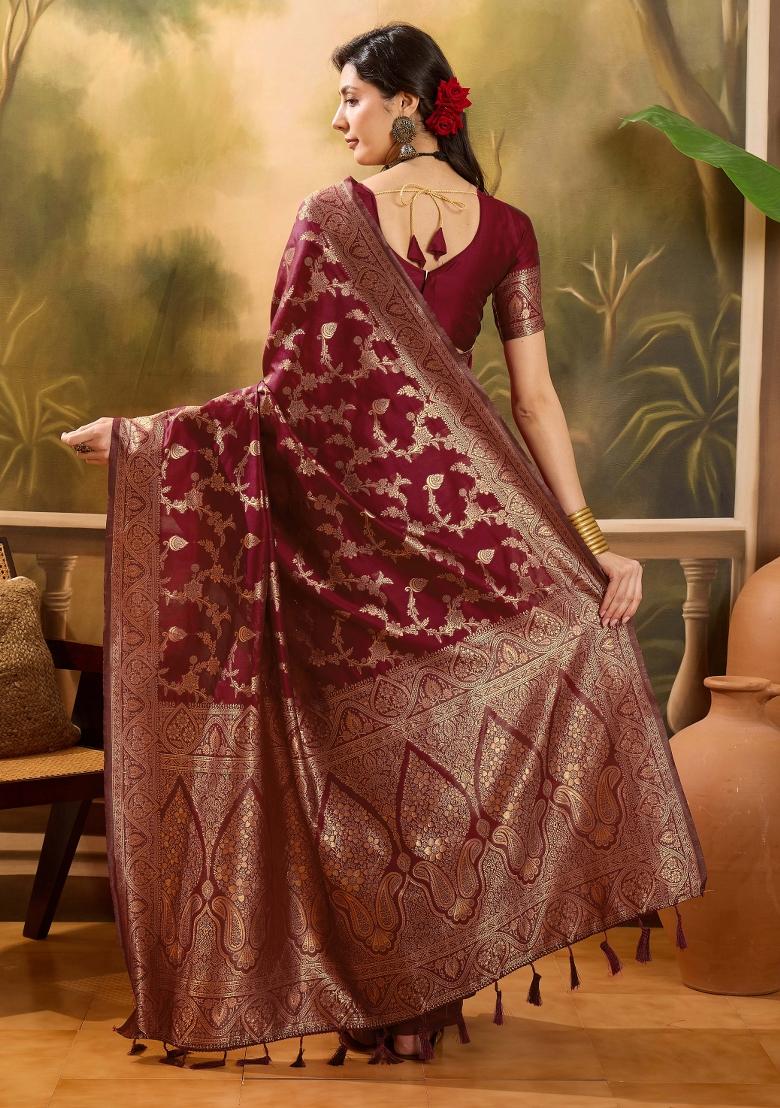 Maroon Applique Banarasi Saree Set - Indya