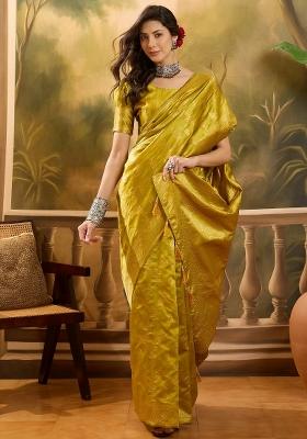 Lime Green Applique Banarasi Saree Set