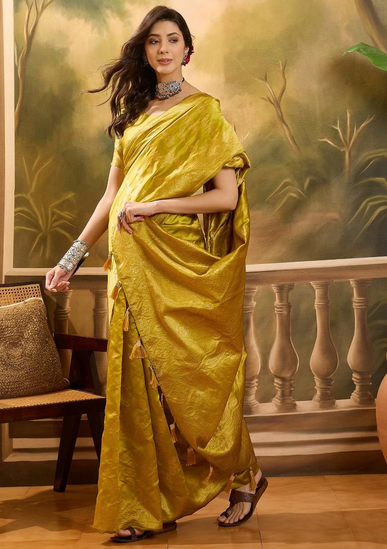 Lime Green Applique Banarasi Saree Set - Indya