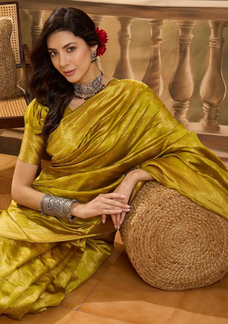 Lime Green Applique Banarasi Saree Set - Indya