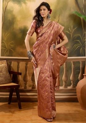 Peach Applique Banarasi Saree Set