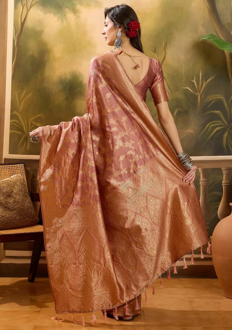 Peach Applique Banarasi Saree Set - Indya