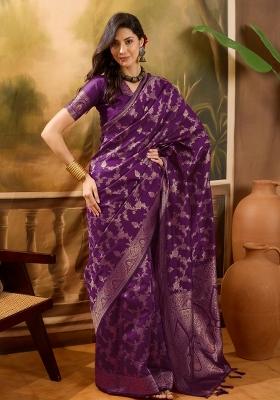 Wine Applique Banarasi Saree Set