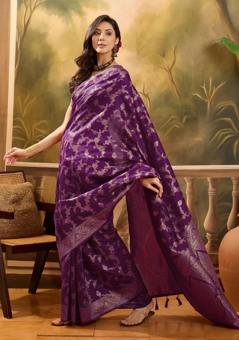 Wine Applique Banarasi Saree Set - Indya