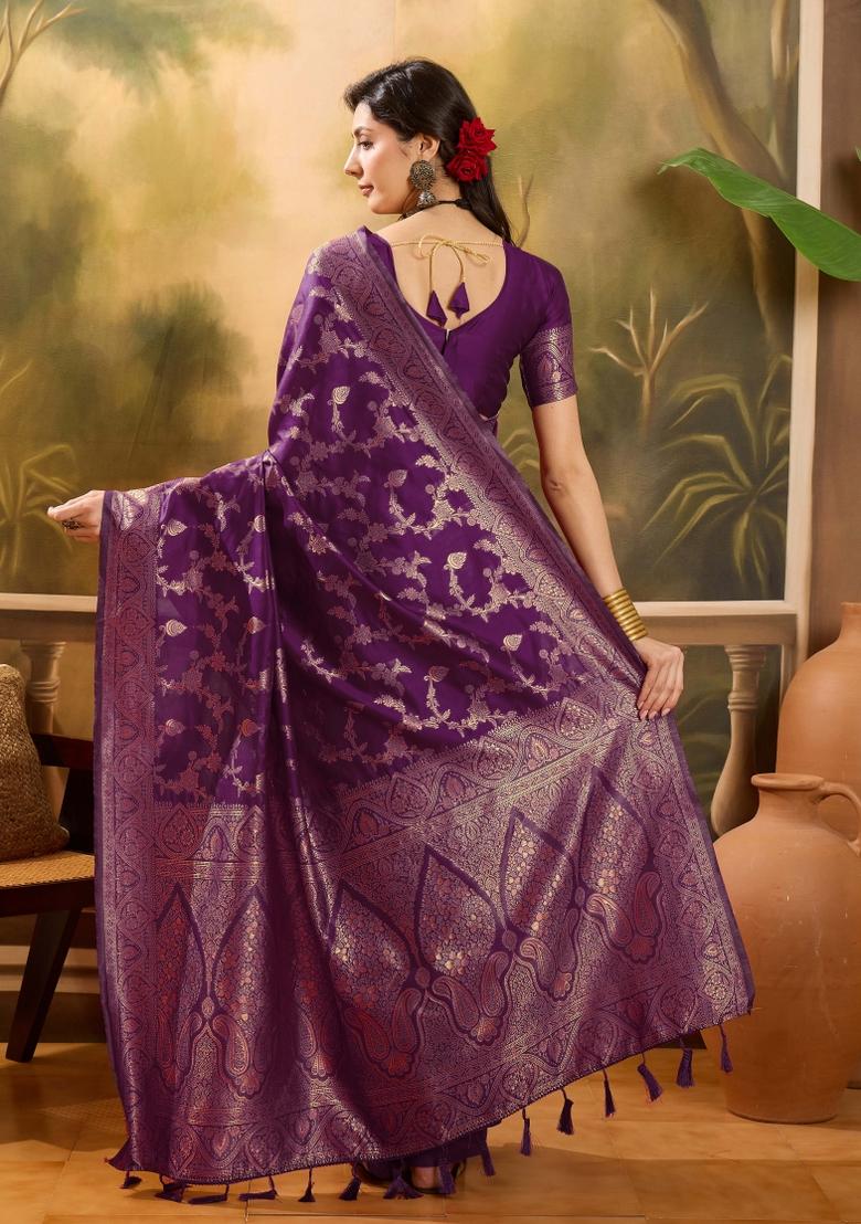 Wine Applique Banarasi Saree Set - Indya