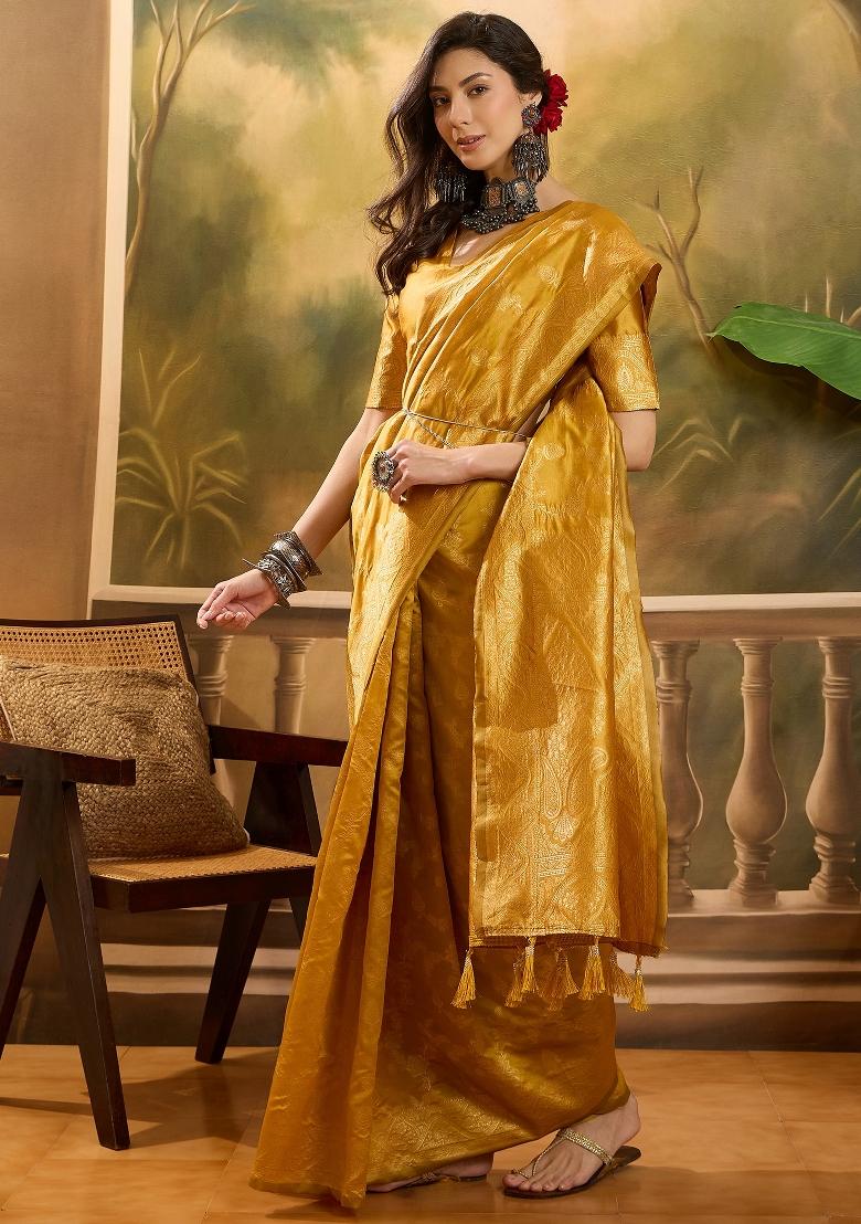 Golden Applique Banarasi Saree Set - Indya
