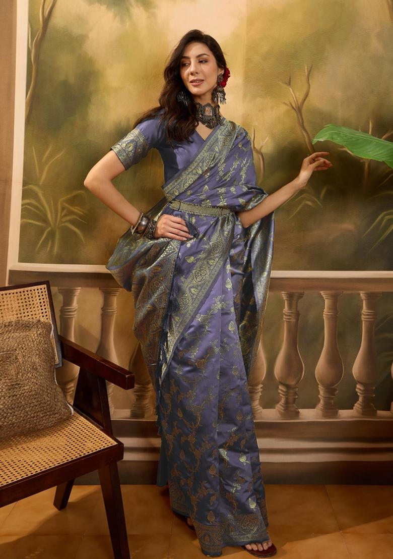 Lavender Applique Banarasi Saree Set - Indya