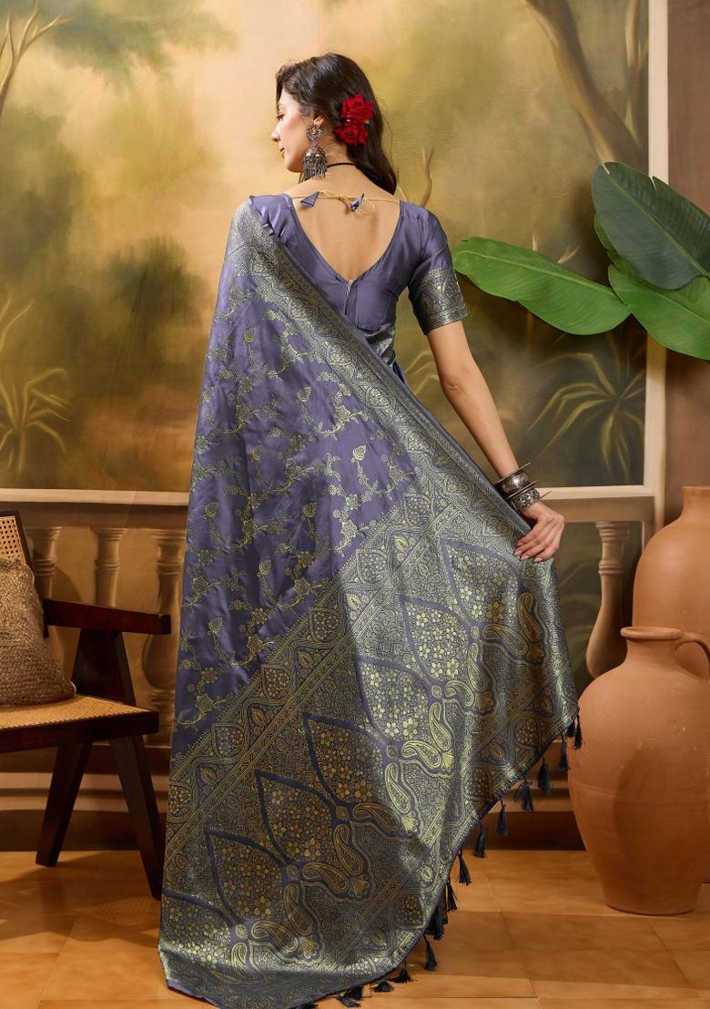 Lavender Applique Banarasi Saree Set - Indya