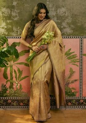 Beige Applique Banarasi Saree Set
