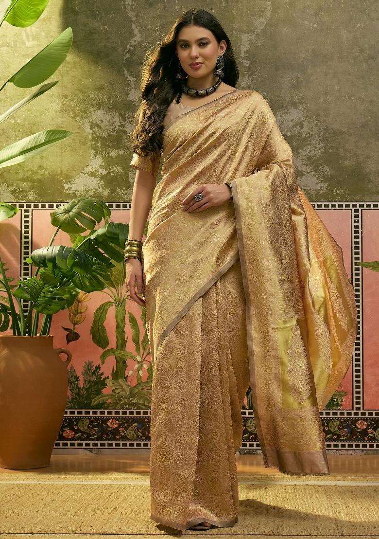 Beige Applique Banarasi Saree Set - Indya