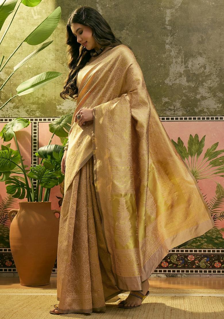 Beige Applique Banarasi Saree Set - Indya