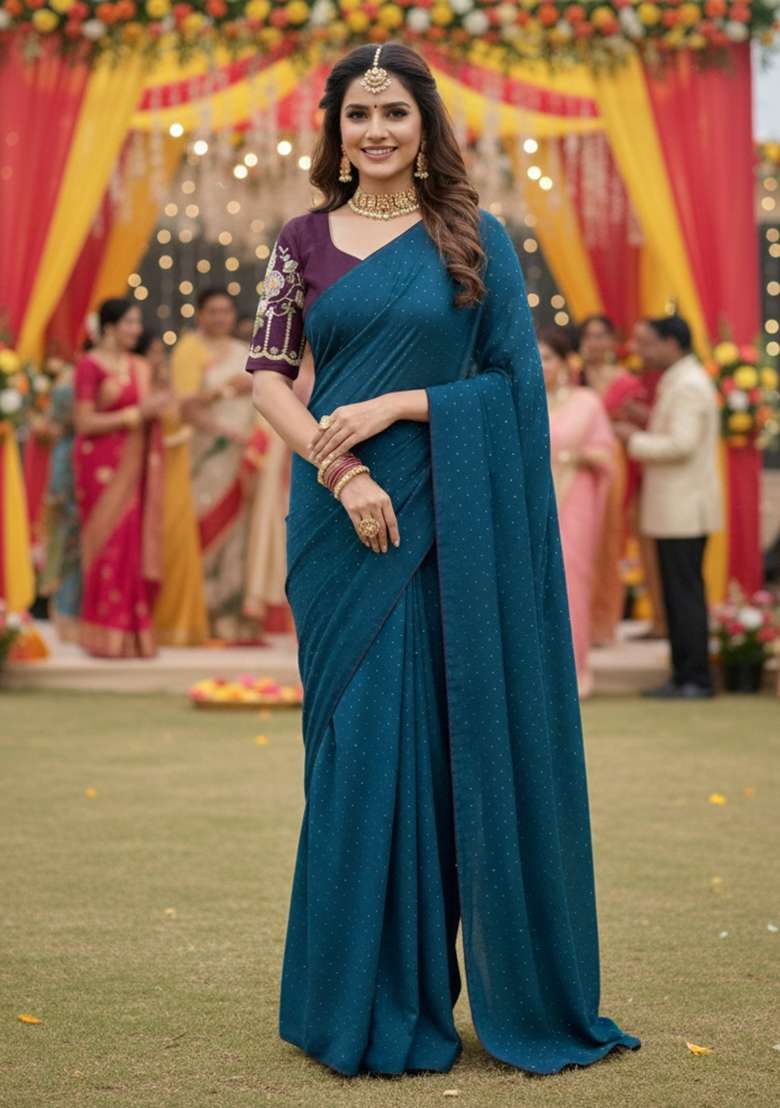 Petrol Blue Embroidered Georgette Saree Set - Indya
