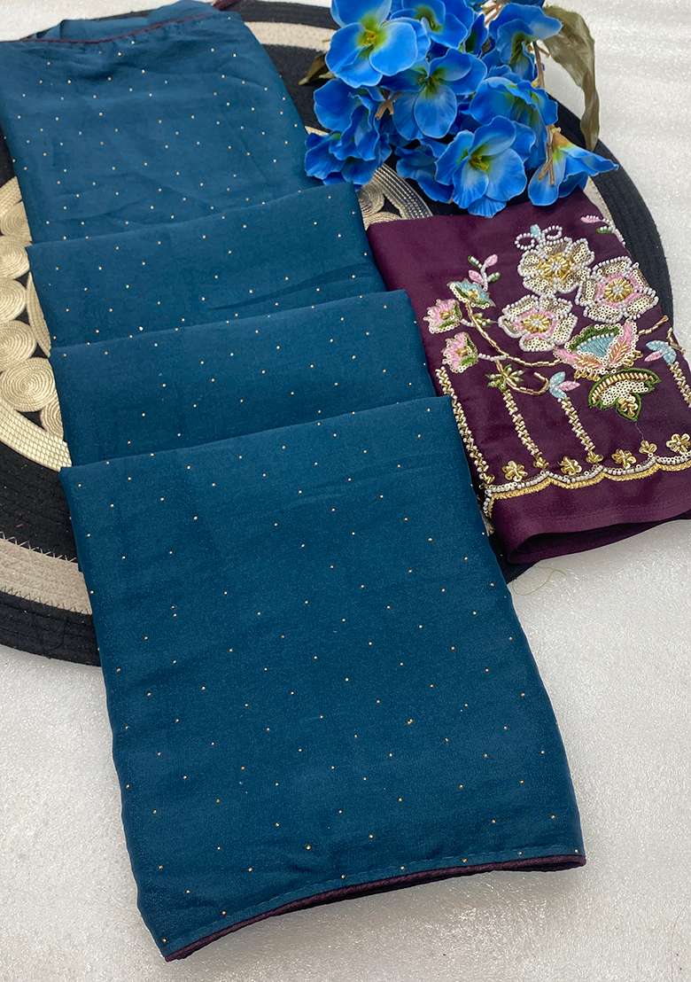 Petrol Blue Embroidered Georgette Saree Set - Indya