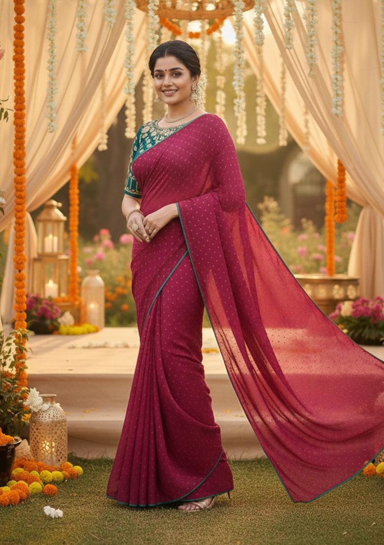 Pink Embroidered Georgette Saree Set - Indya