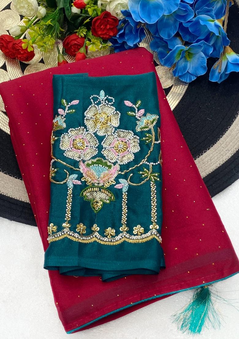 Pink Embroidered Georgette Saree Set - Indya