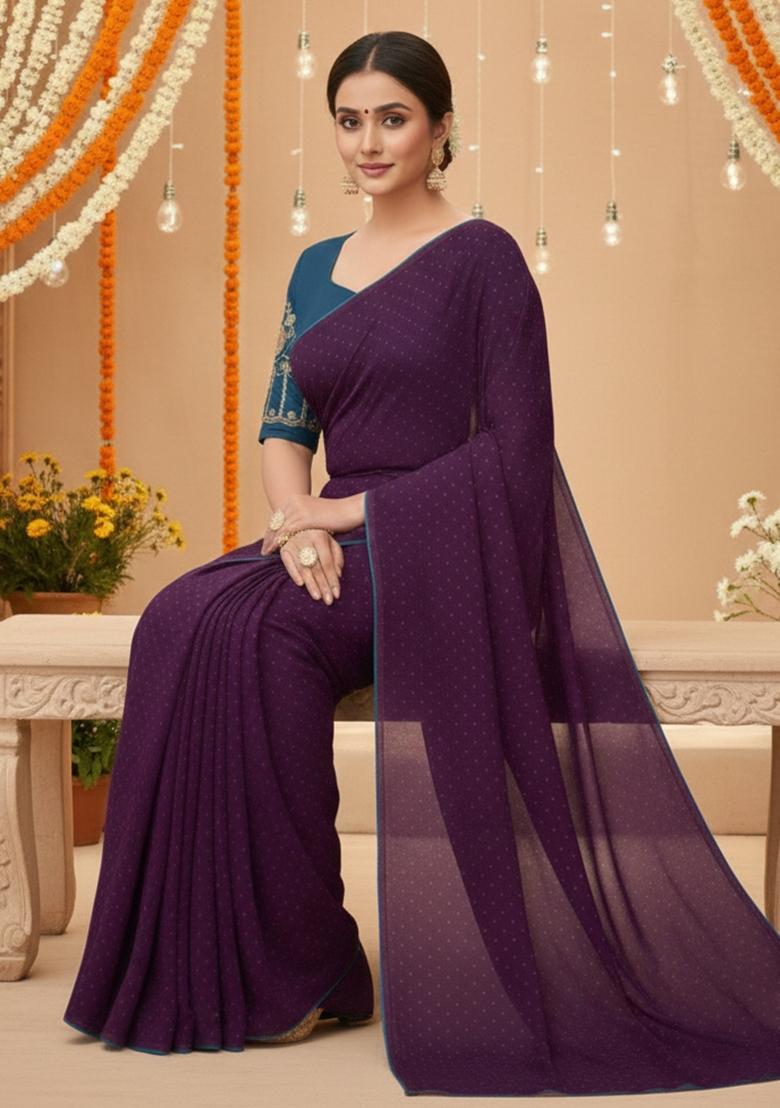 Wine Embroidered Georgette Saree Set - Indya