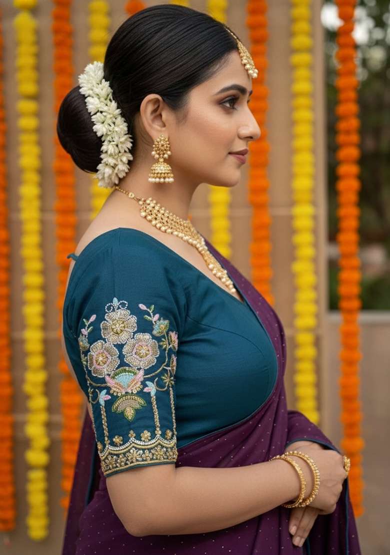 Wine Embroidered Georgette Saree Set for Diwali and Festive Wear - Indya