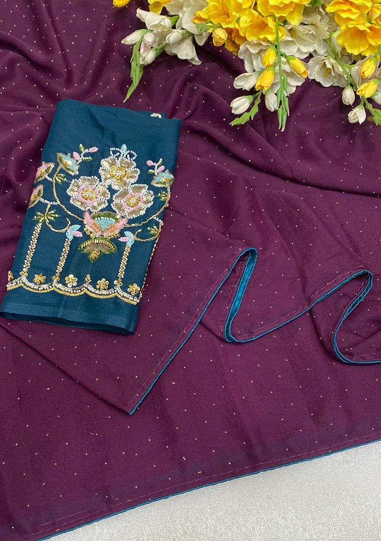 Wine Embroidered Georgette Saree Set - Indya