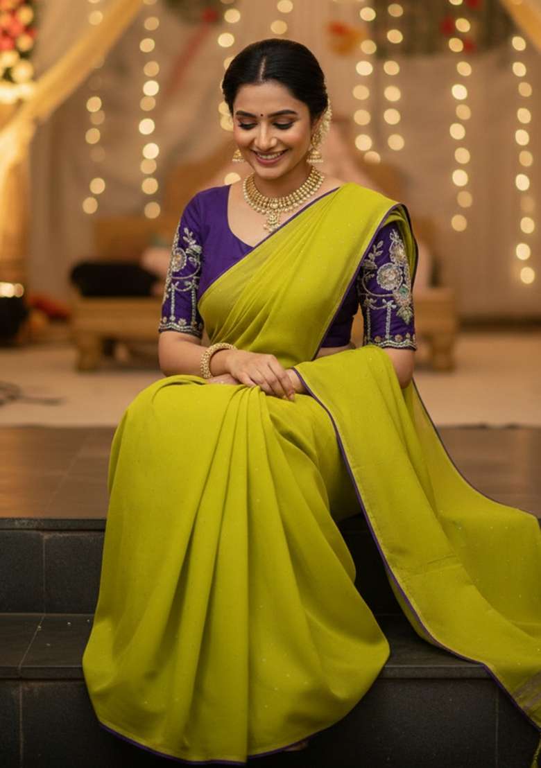 Yellow Lemon Georgette Saree Set with Embroidered for Diwali | Wedding & Festive Wear - Indya