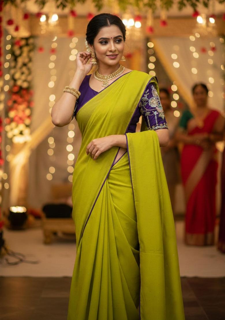 Yellow Lemon Embroidered Georgette Saree Set - Indya