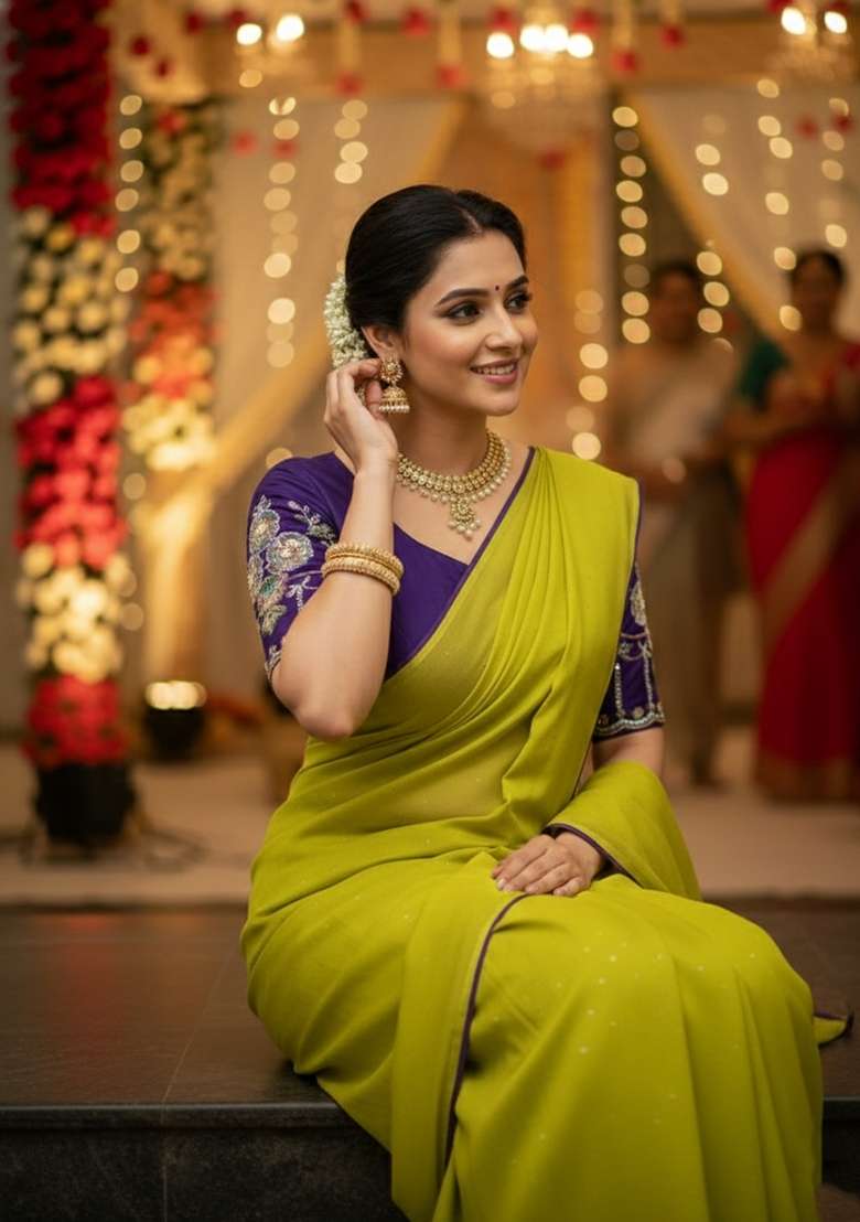 Yellow Lemon Georgette Saree Set with Embroidered for Diwali | Wedding & Festive Wear - Indya