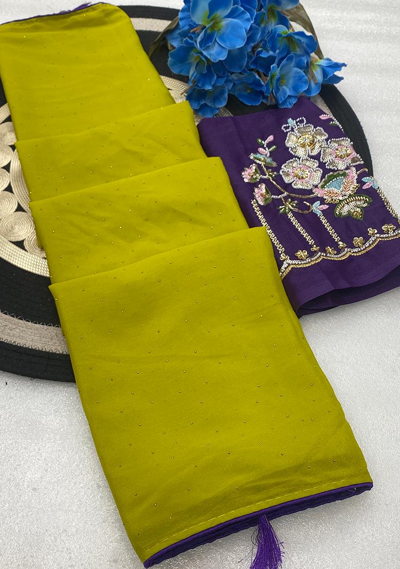 Yellow Lemon Embroidered Georgette Saree Set - Indya