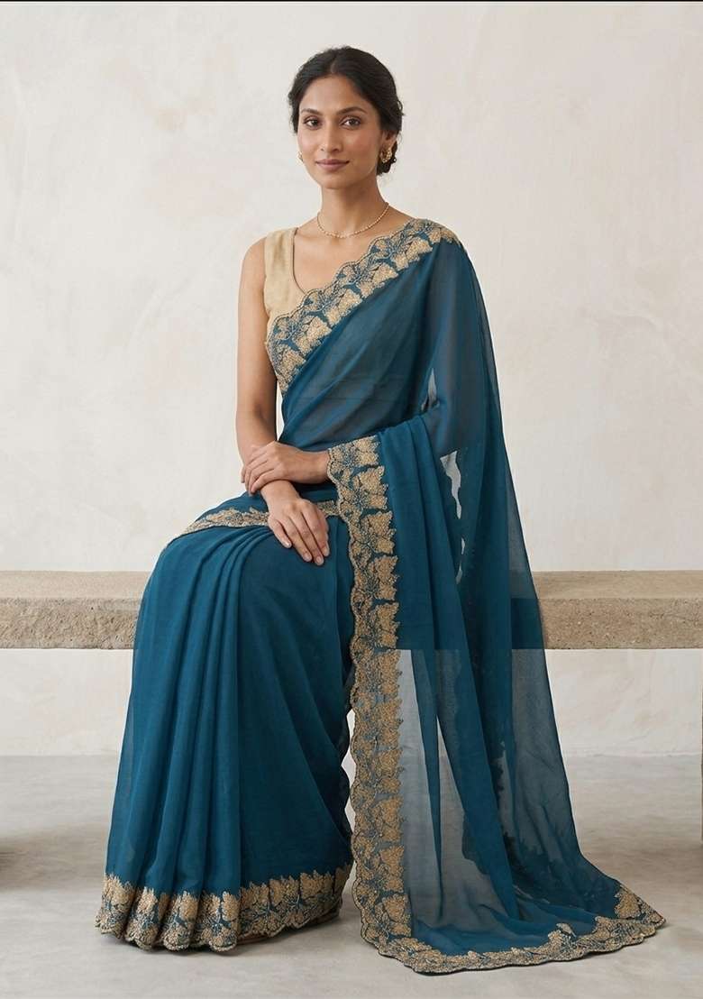 Petrol Blue Embroidered Georgette Saree Set - Indya