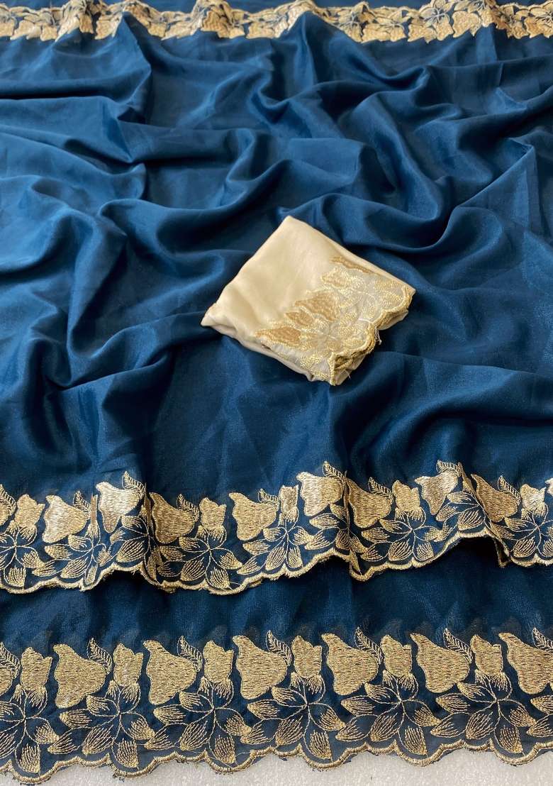 Petrol Blue Embroidered Georgette Saree Set - Indya