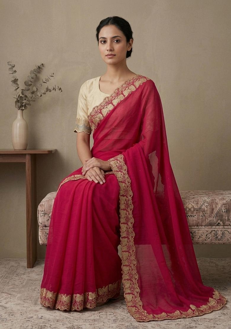 Pink Embroidered Georgette Saree Set - Indya