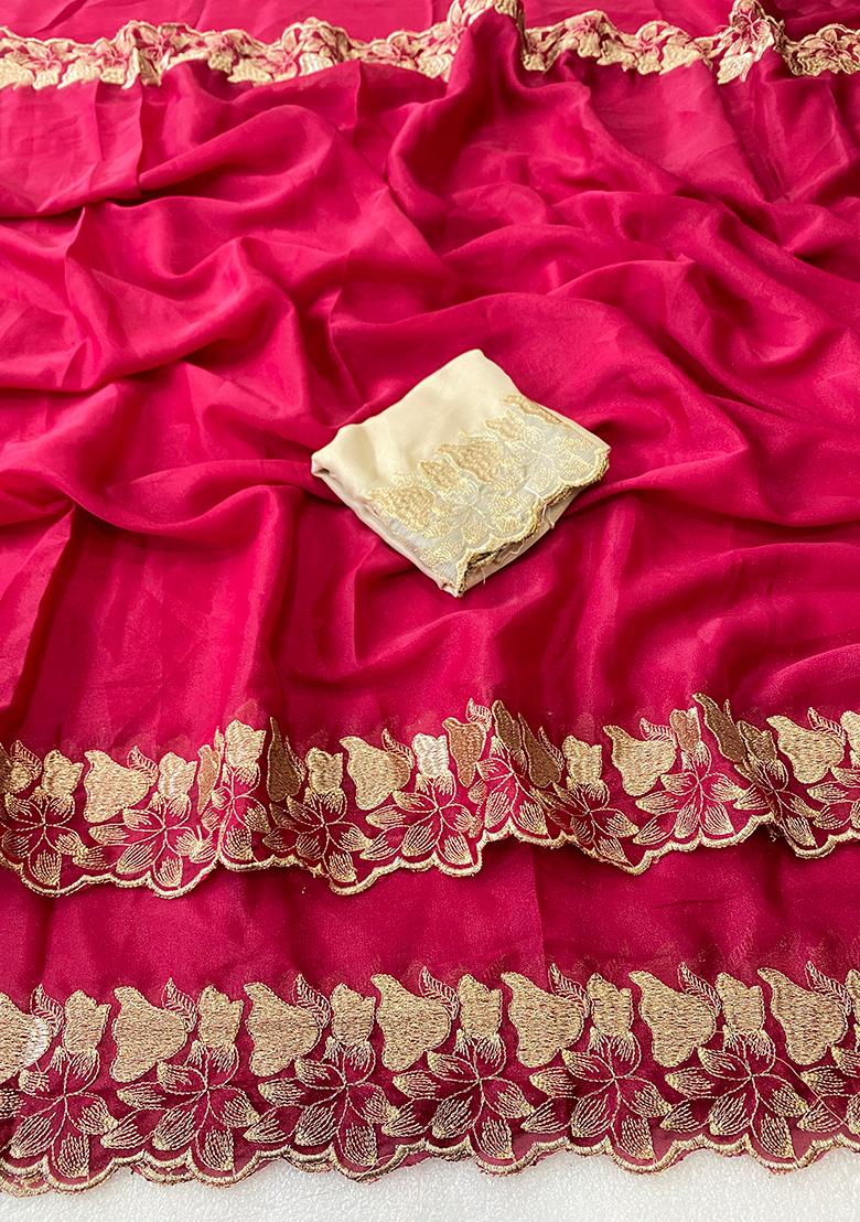 Pink Embroidered Georgette Saree Set - Indya