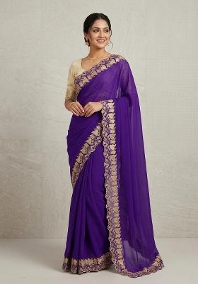 Purple Embroidered Georgette Saree Set