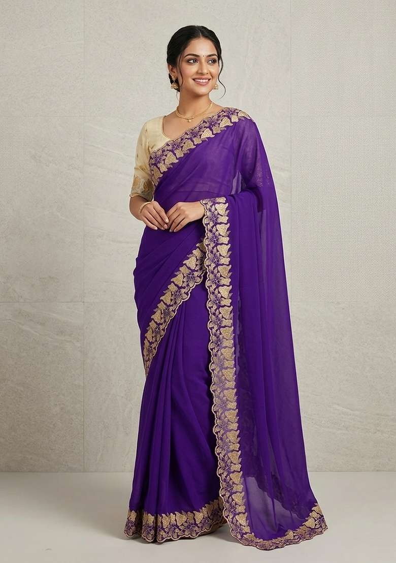 Purple Embroidered Georgette Saree Set for Diwali and Festive Wear - Indya