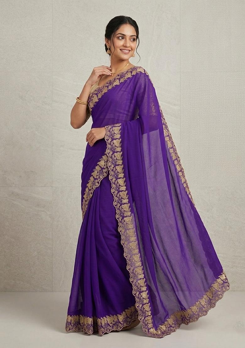 Purple Embroidered Georgette Saree Set - Indya
