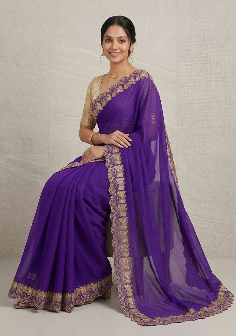 Purple Embroidered Georgette Saree Set for Diwali and Festive Wear - Indya