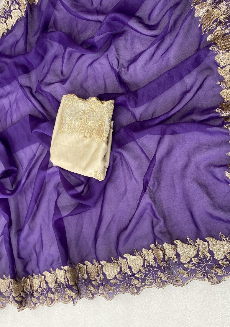 Purple Embroidered Georgette Saree Set - Indya