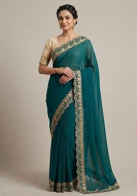 Rama Georgette Saree Set with Embroidered for Diwali | Wedding & Festive Wear