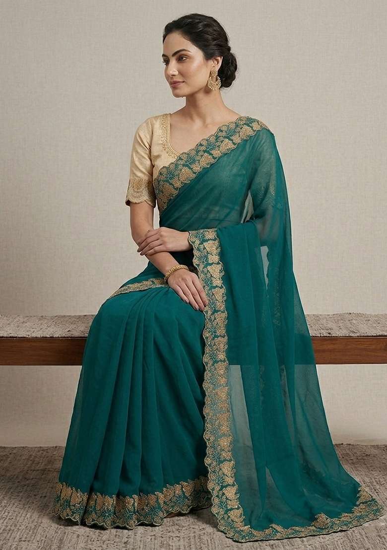 Rama Embroidered Georgette Saree Set - Indya