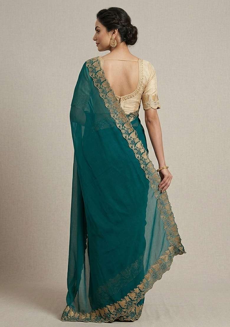 Rama Georgette Saree Set with Embroidered for Diwali | Wedding & Festive Wear - Indya
