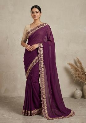 Wine Embroidered Georgette Saree Set