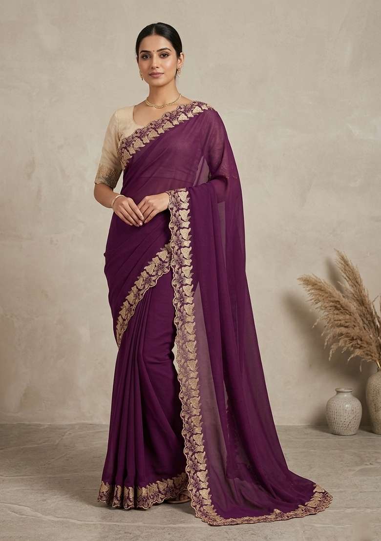 Wine Georgette Saree Set with Embroidered for Diwali | Wedding & Festive Wear - Indya