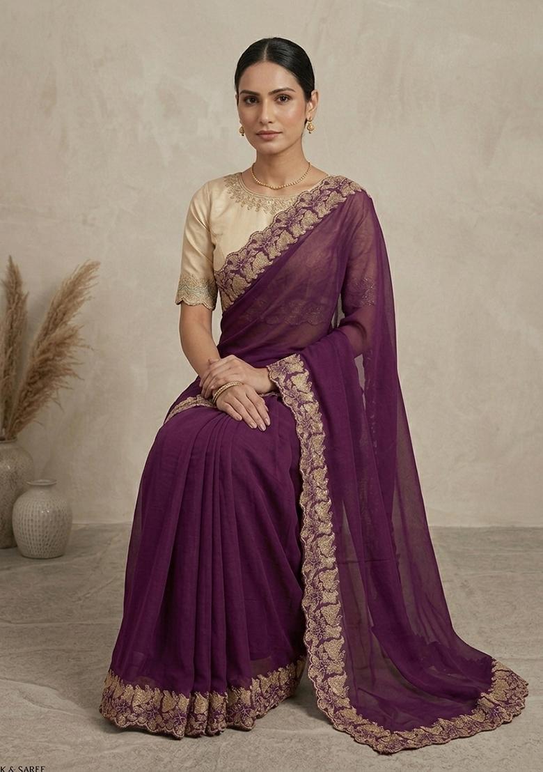 Wine Embroidered Georgette Saree Set - Indya