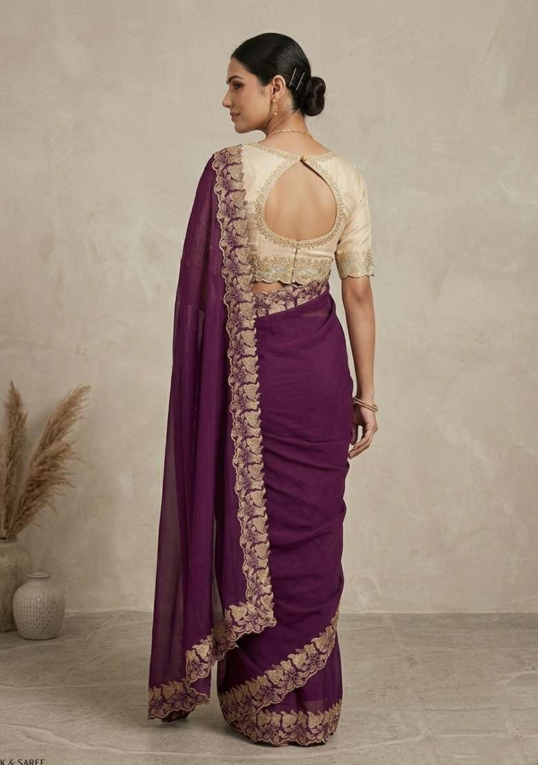 Wine Georgette Saree Set with Embroidered for Diwali | Wedding & Festive Wear - Indya