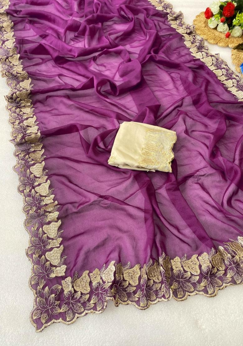 Wine Embroidered Georgette Saree Set - Indya